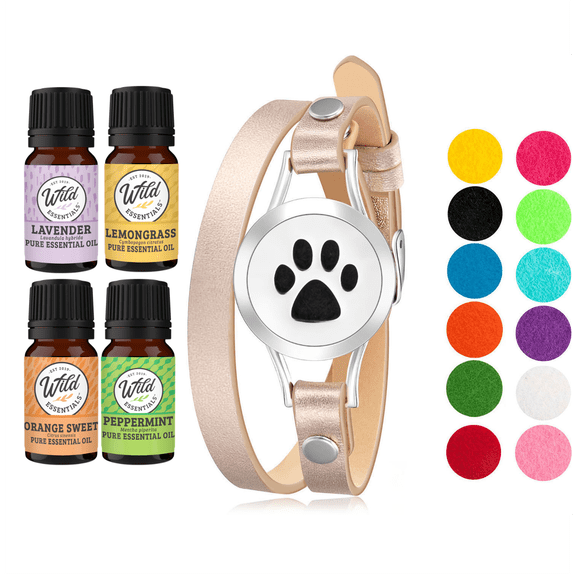 Wild Essentials Dog Paw Essential Oil Diffuser Bracelet Gift Set Includes Aromatherapy Pendant, 14.5" Leather Wrap Band, Refill Pads and 100% Pure Oils (Lavender, Lemongrass, Orange and Peppermint)