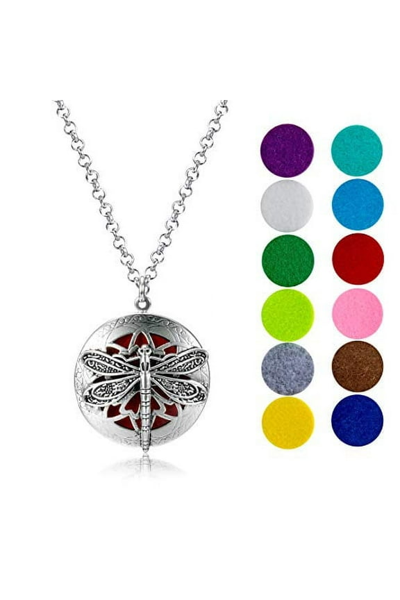 Dragonfly Essential Oil Diffuser Necklace Gift Set - Includes Aromatherapy Pendant, 24" Stainless Steel Chain, 12 Color Refill Pads