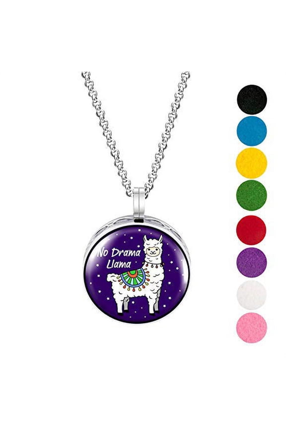 Wild Essentials No Drama Llama Enamel Finish Essential Oil Diffuser Necklace Gift Set Includes Aromatherapy Pendant, 24" Stainless Steel Chain, 8 Color Refill Pads