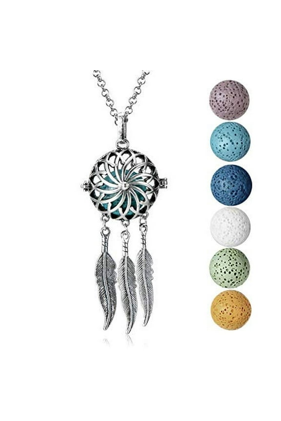 Dream Catcher Lava Stone Essential Oil Diffuser Necklace Gift Set - Includes Aromatherapy Pendant, 24" Stainless Steel Chain, 6 Color Lava Stones