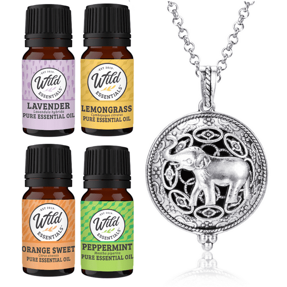Wild Essentials Elephant Necklace Essential Oil Diffuser Kit With Lavender, Lemongrass, Peppermint, Orange Oils, 12 Refill Pads, Calming Aromatherapy Gift Set, Customizable Color Changing, Perfume