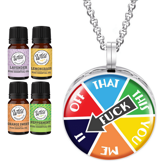 Wild Essentials F Wheel Necklace Essential Oil Diffuser Kit, Lavender, Lemongrass, Peppermint, Orange Oils, 8 Refill Pads, Calming Aromatherapy Gift Set, Customizable, Perfume