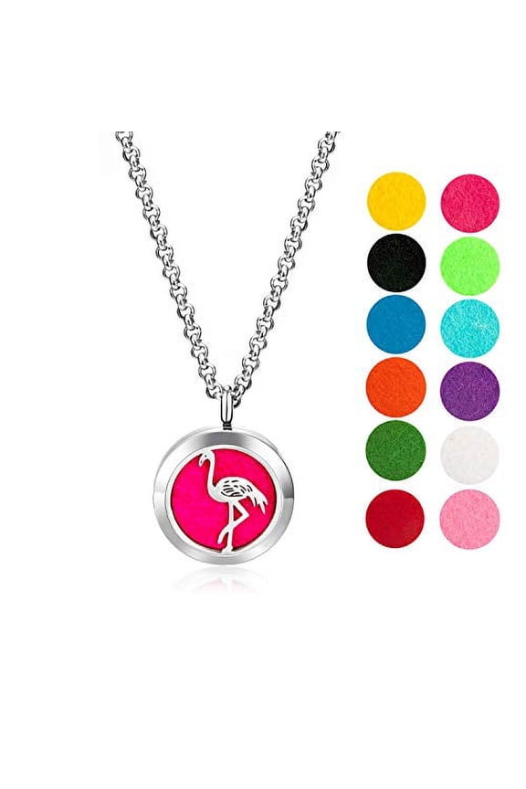 Flamingo Essential Oil Diffuser Necklace Gift Set - Includes Aromatherapy Pendant, 24" Stainless Steel Chain, Refill Pads