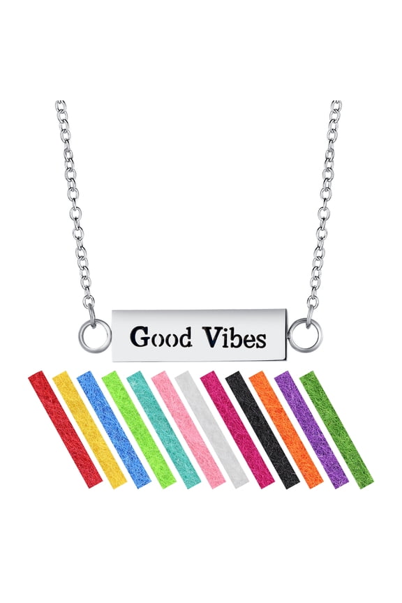 "Good Vibes" Essential Oil Diffuser Bar Necklace Gift Set - Includes Aromatherapy Pendant, 24" Stainless Steel Chain, 12 Color Refill Pads