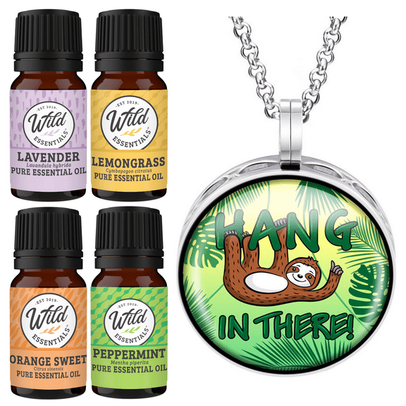 Wild Essentials Hang In There Sloth Necklace Essential Oil Diffuser Kit, Lavender, Lemongrass, Peppermint, Orange Oils, 8 Refill Pads, Calming Aromatherapy Gift Set, Customizable, Perfume