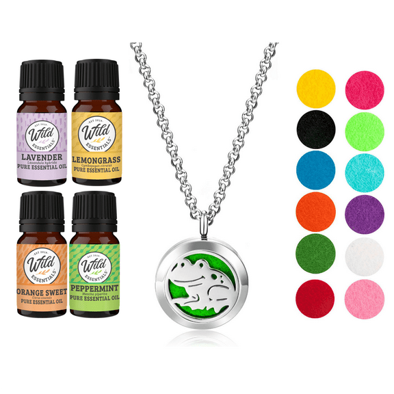 Wild Essentials Happy Frog Essential Oil Diffuser Necklace Gift Set Includes Aromatherapy Pendant, 24" Stainless Steel Chain, Refill Pads and 100% Pure Oils (Lavender, Lemongrass, Orange, Peppermint)