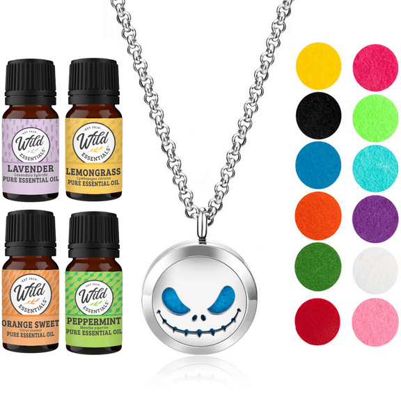 Wild Essentials Jack Skullington Necklace Essential Oil Diffuser Kit With Lavender, Lemongrass, Peppermint, Orange Oils, 8 Refill Pads, Calming Aromatherapy Gift Set, Customizable Color Changing, Perf