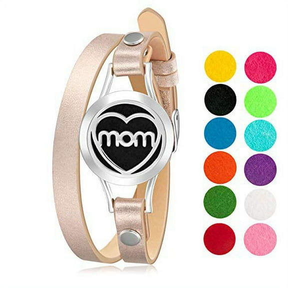 Wild Essentials MOM Essential Oil Bracelet Diffuser, Leather Wrap Band, Stainless Steel Locket Pendant, 12 Color Refill Pads, Customizable Color Changing Perfume Jewelry for Aromatherapy
