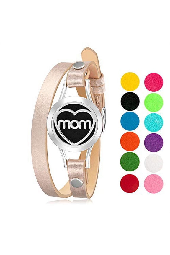 MOM Essential Oil Bracelet Diffuser, Leather Wrap Band, Stainless Steel Locket Pendant, 12 Color Refill Pads, Customizable Color Changing Perfume Jewelry for Aromatherapy