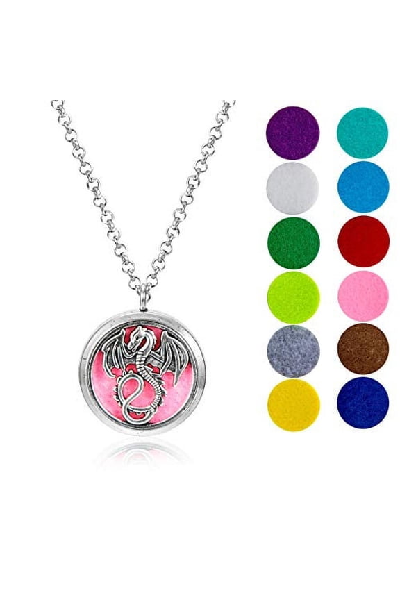 Mother of Dragons Essential Oil Diffuser Necklace Gift Set - Includes Aromatherapy Pendant, 24" Stainless Steel Chain, 12 Color Refill Pads