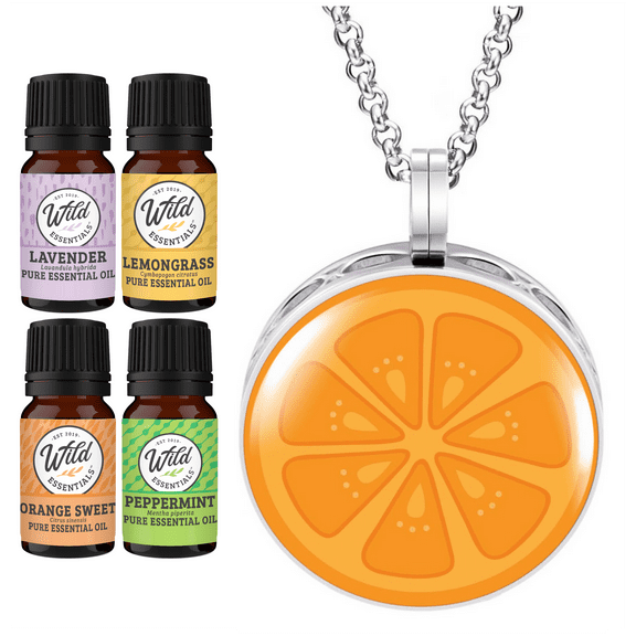 Wild Essentials Orange Slice Necklace Essential Oil Diffuser Kit, Lavender, Lemongrass, Peppermint, Orange Oils, 8 Refill Pads, Calming Aromatherapy Gift Set, Customizable, Perfume