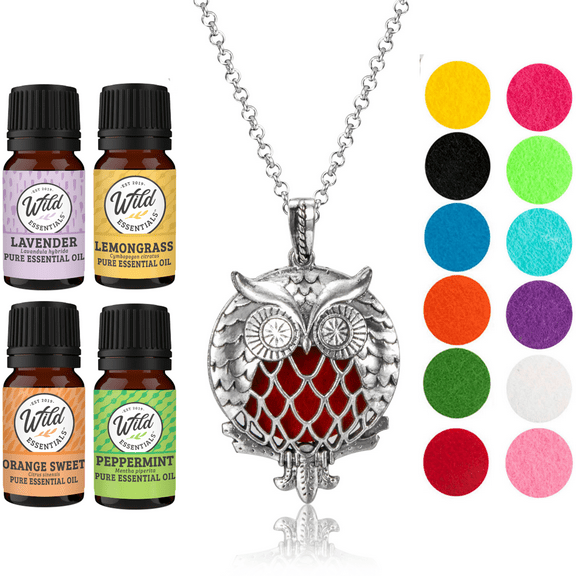Wild Essentials Owl of Athena Necklace Essential Oil Diffuser Kit With Lavender, Lemongrass, Peppermint, Orange Oils, 6 Refill Pads, Calming Aromatherapy Gift Set, Customizable Color Changing, Perfume