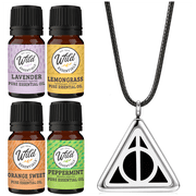 Wild Essentials Potter Hallows Aromatherapy Diffuser Necklace 13 Piece Gift Set Includes 4 Pure Essential Oils, Black Rope Necklace, Pendant, 8 Color Refill Pads, Calming