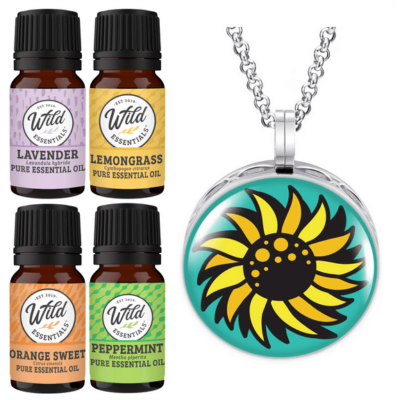 Wild Essentials Sunflower Necklace Essential Oil Diffuser Kit, Lavender, Lemongrass, Peppermint, Orange Oils, 8 Refill Pads, Calming Aromatherapy Gift Set, Customizable, Perfume