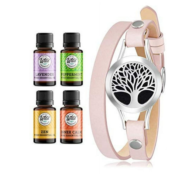 Wild Essentials Tree of Life Essential Oil Leather Wrap Bracelet Diffuser Kit, Gift Set, Lavender, Lemongrass, Peppermint, Orange Oils, 12 Pads, Customizable Color Changing Perfume Jewelry, Aromathera