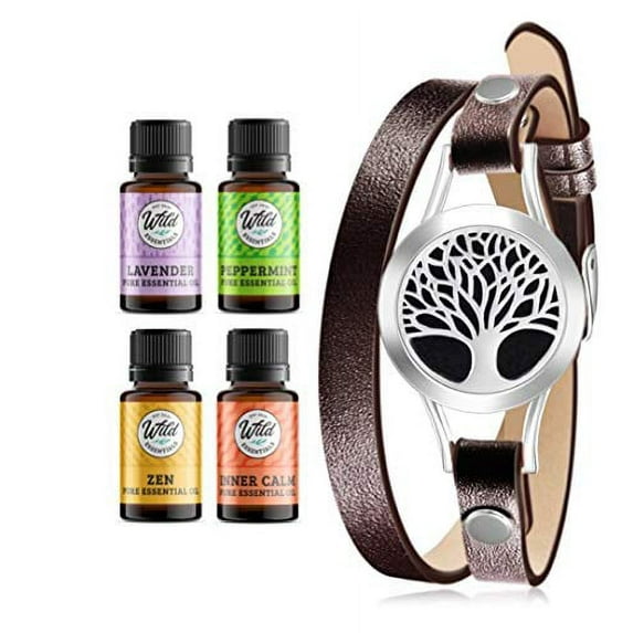 Wild Essentials Tree of Life Essential Oil Leather Wrap Bracelet Diffuser Kit, Gift Set, Lavender, Lemongrass, Peppermint, Orange Oils, 12 Pads, Customizable Color Changing Perfume Jewelry, Aromather