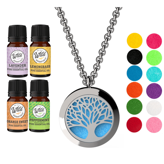 Wild Essentials Tree of Life Necklace Essential Oil Diffuser Starter Kit With Lavender, Lemongrass, Peppermint, Orange Oils, 12 Refill Pads, Calming Gift Set for Christmas, Birthday, Aromatherapy, USA