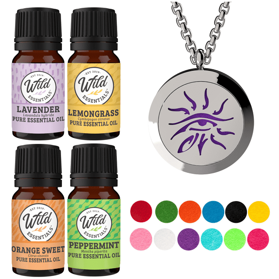 Wild Essentials Wisdom Eye Necklace Essential Oil Diffuser Kit With Lavender, Lemongrass, Peppermint, Orange Oils, 8 Refill Pads, Calming Aromatherapy Gift Set, Customizable Color Changing, Perfume