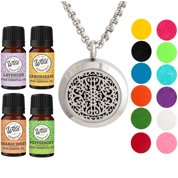 Wild Essentials Wrought Iron Necklace Essential Oil Diffuser Kit With Lavender, Lemongrass, Peppermint, Orange Oils, 8 Refill Pads, Calming Aromatherapy Gift Set, Customizable Color Changing, Perfume