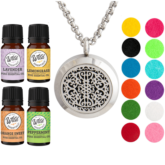 Wild Essentials Wrought Iron Necklace Essential Oil Diffuser Kit With Lavender, Lemongrass, Peppermint, Orange Oils, 8 Refill Pads, Calming Aromatherapy Gift Set, Customizable Color Changing, Perfume