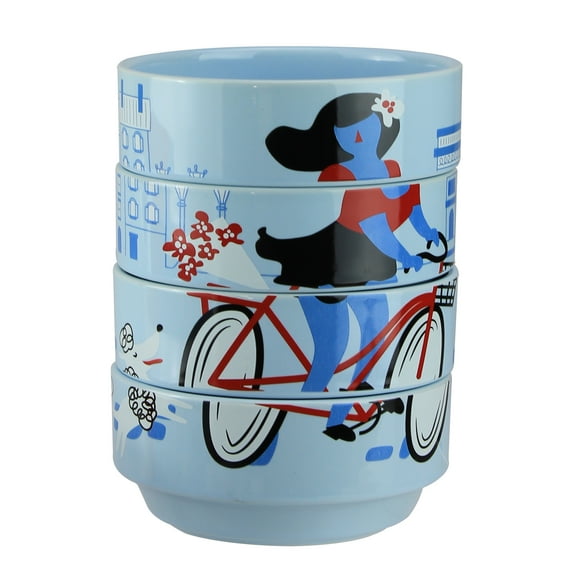 Set of 4 Pale Blue French Parisian Experience Decorative Stacking Bowls 7"