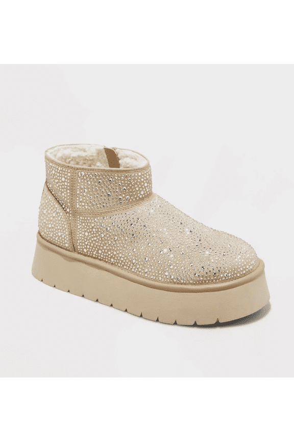 Women's Beige Missy Platform Booties Rhinestones w Memory Foam Insole 6