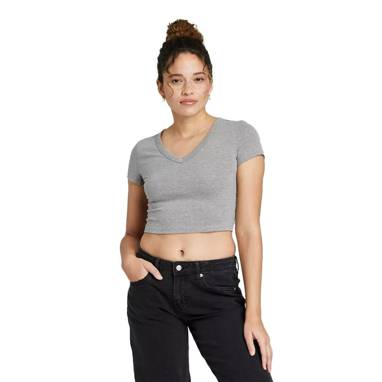 Wild Fable Women's Short Sleeve V-Neck Dark Gray Cropped T-Shirt Size  Medium 