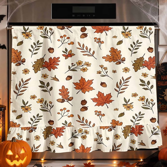 Wild Fall Foliage Oven Door Cover, Botanical Maple Leaf Acorn Tiny Floral Cotton‑Blend Kitchen Stove Curtain, Self‑Adhesive Oven Curtain Skirt 30 x 25.2 Inch