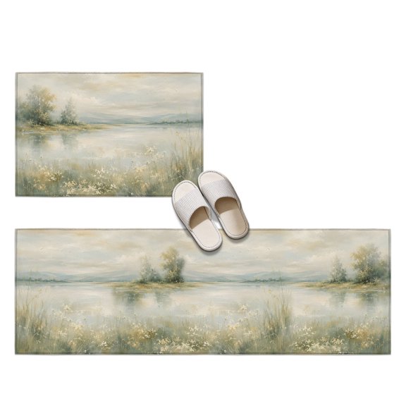Wild Field Flowers 2 Pieces Non-Slip Kitchen Mat Set, Rustic Cottagecore Green Meadow River Marshes Soft Door Mat with Rubber Backing, Dirtproof Rugs for Entrance Doorway, 23.6x35.4in+23.6x70.9in