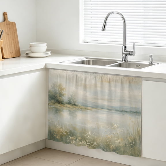 Wild Field Flowers Cabinet Curtains for Kitchen 10"W x 11"L, Rustic Cottagecore Green Meadow River Marshes Under Sink Skirt Magic Tape Short Curtain Decorative Privacy Panel for Bathroom Laundry