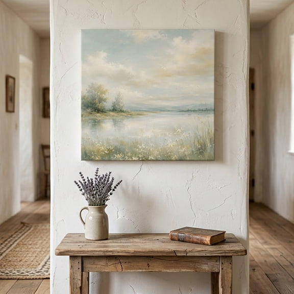 Wild Field Flowers Canvas Wall Art for Living Room Bedroom Bathroom, Rustic Cottagecore Green Meadow River Marshes Canvas Art Wall Decor, Artwork for Walls Home Office Decor, 8"x8"