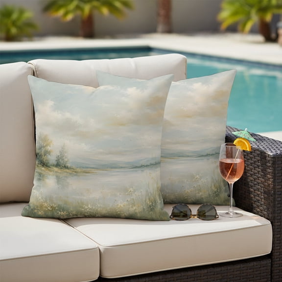 Wild Field Flowers Outdoor Waterproof Throw Pillow Covers Set of 2, 16"x16", Rustic Cottagecore Green Meadow River Marshes Decorative Pillow Covers Outside Cushion Case for Patio Porch Garden