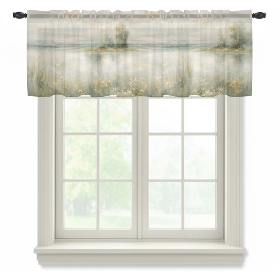 Wild Field Flowers Sheer Curtain 12 Inch Long Rustic Cottagecore Green Meadow River Marshes Light Filtering Rod Pocket Voile Curtain Valance for Bedroom Kitchen Cafe Window 42" W x 12" L