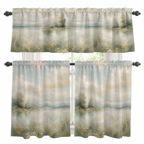 Wild Field Flowers Window Curtains Valance Set of 3 Rustic Cottagecore Green Meadow River Marshes Rod Pocket Small Kitchen Curtain, Soft Window Treatment for Bedroom Party Holiday Decor