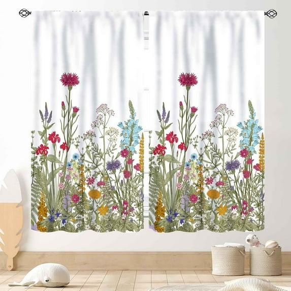 Wild Floral Curtains, Rustic Green Leaf Vintage Floral Colorful Plant Herbs Spring Flower Blossom Botanical Nature Window Drapes Treatments for Bedroom Living Room Kitchen 2 Panels, 42"x63" Inch