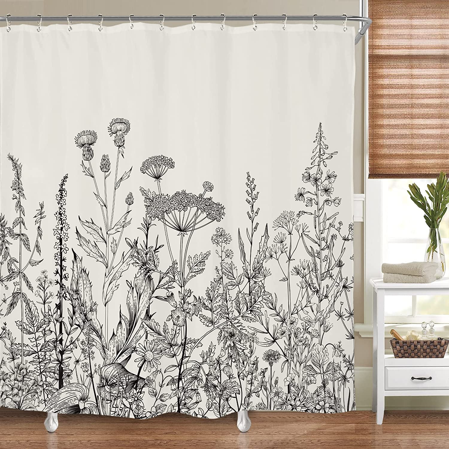 Wild Floral Shower Curtain Botanical Flower Plant Herbs Tulip Nature Blossom Wildflower Leaf Sketch Waterproof Fabric 72Wx72H Inch Polyester Bathroom Bathtub Decoration 12 Pack Plastic Hooks