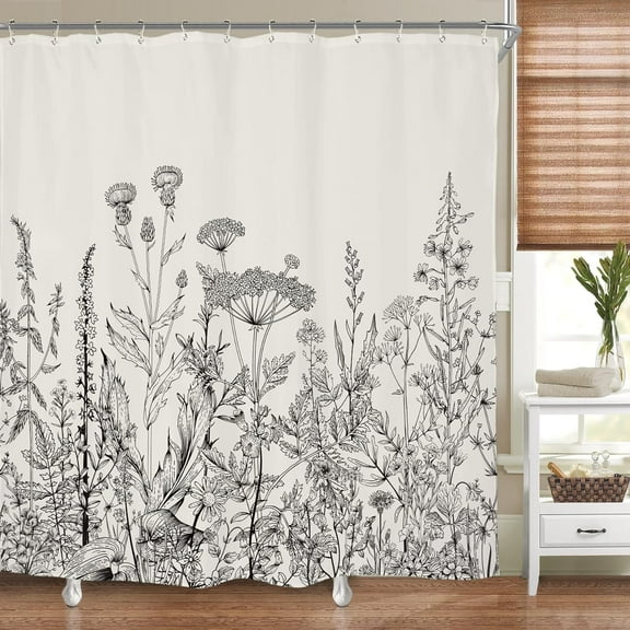 Wild Floral Shower Curtain Botanical Flower Plant Herbs Tulip Nature Blossom Wildflower Leaf Sketch Waterproof Fabric 72Wx72H Inch Polyester Bathroom Bathtub Decoration 12 Pack Plastic Hooks