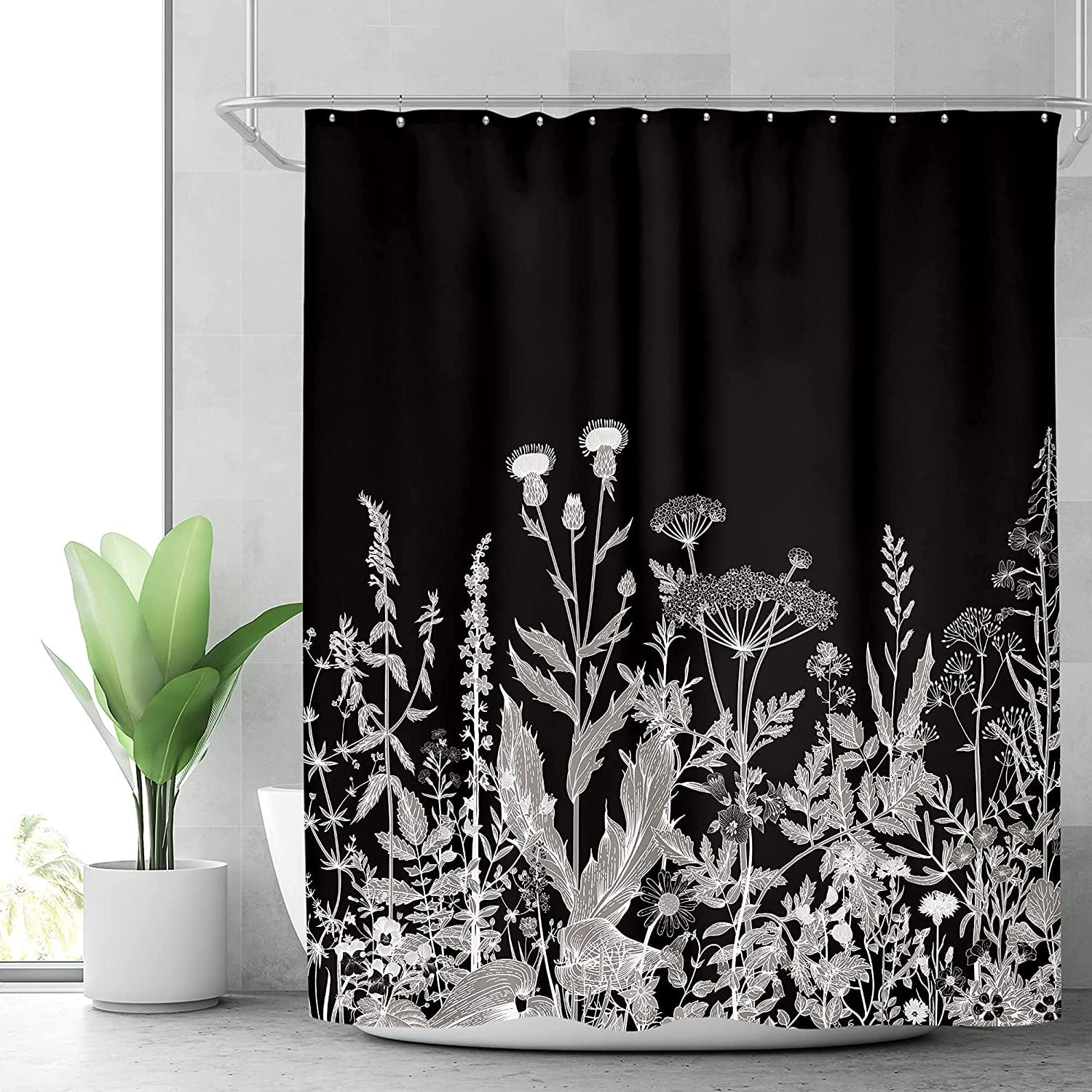 Wild Floral Wildflower Shower Curtain Botanical Herbs Black Plant Nature Blossom Flower Leaf Sketch Waterproof Fabric 72Wx72H Inch Polyester Bathroom Bathtub Decoration 12 Pack Plastic Hooks