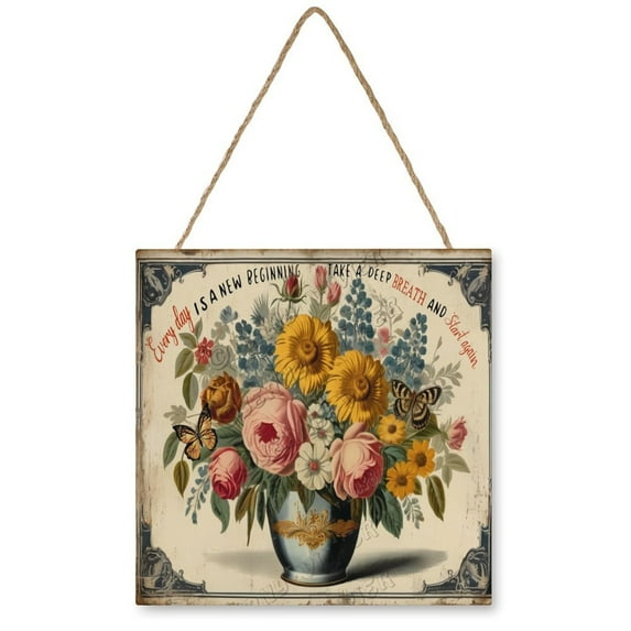 Wild Flower Bouquet Wall Art Wooden Sign Shabby Chic Country Decor Vintage Pictures for Bedroom Bathroom Kitchen Wall Decorations Bar Interior Decor 12"x12" Wooden Hanging Signs