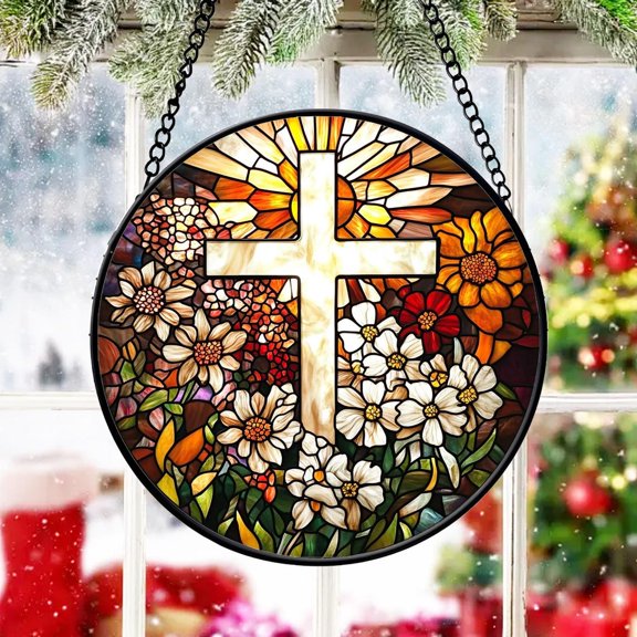 Wild Flower Christian Cross Suncatcher, Cross Sunset Window Decor, 3.5 in