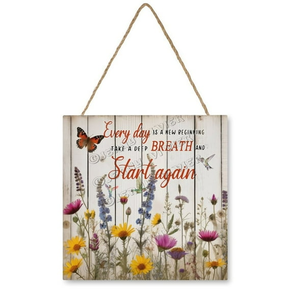 Wild Flower Every Day Is New Beginning Welcome Decor Sign, Hanging Wood Sign Home Decorative, Printed Wood Wall Art Sign Porch Decor Sign, Farmhouse Front Door Decor Sign 12"x12"