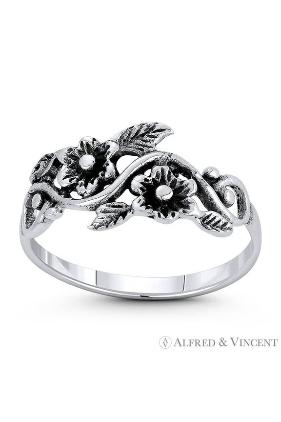 Wild Flower, Leaf, & Vine Charm Right-Hand Boho Ring / Stackable Band in Oxidized .925 Sterling Silver