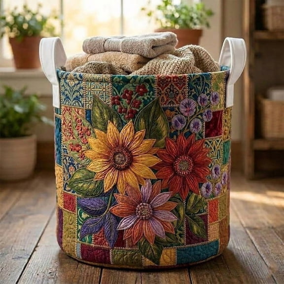 Wild Flower Patchwork Quilted Laundry Basket: Floral Design Family Storage Bin