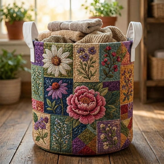 Wild Flower Patchwork Quilted Laundry Basket, Flower Laundry Room Decor, Soft Fabric Hamper, Colorful Flower Storage Bin, Gift For Mom