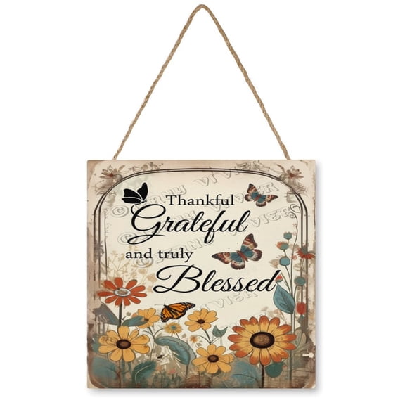 Wild Flower Thankful Grateful And Truly Blessed Inspirational Quote Wood Hanging Sign, Wood Wall Art, Hanging Printed Wooden Plaque Dcor 12x12 Inches
