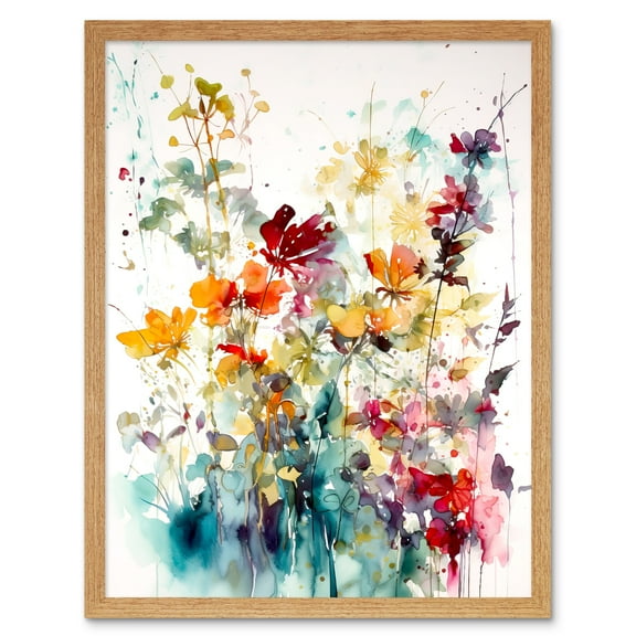 Wild Flowers Abstract Watercolour Orange Red Purple Bright Floral Spring Field Art Print Framed Poster Wall Decor 12x16 inch
