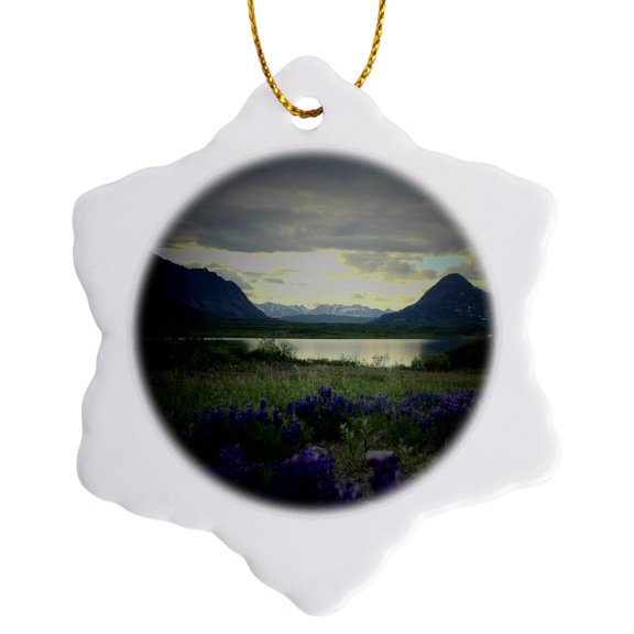 3drose, Wild Flowers and Mountains in Fairbanks, 3 inch Snowflake Porcelain Ornament