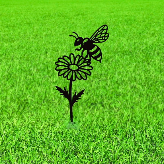 Wild Flowers Bee Metal Decorative Garden Stakes Funny Flower Insect Metal Silhouette Statues Funny Garden Ornament Gifts Black Yard