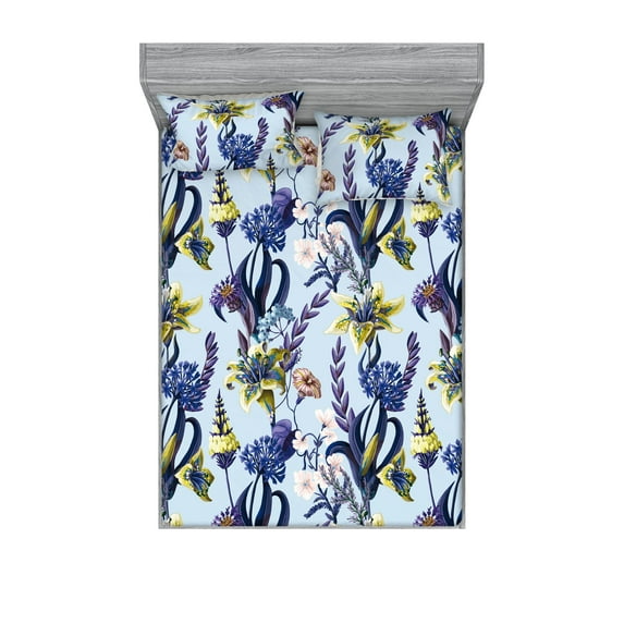 Wild Flowers Fitted Sheet & Pillow Sham Set, Jungle Boho Theme Lily Floral Vintage Pattern Blossoming Jungle, Decorative Printed 3 Piece Bedding Decor, King, Apple Green Dark Lavender, by Ambesonne