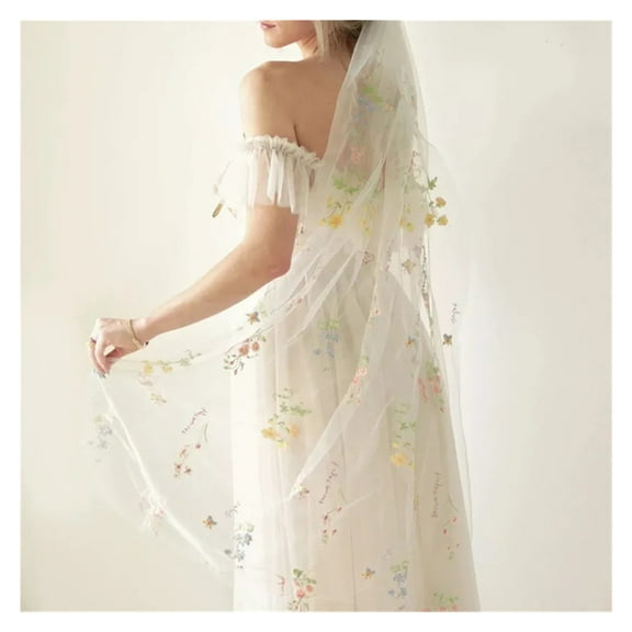 Wild Flowers Floral Bridal Veil - Cathedral Length Embroidered Tulle with Comb for Brides